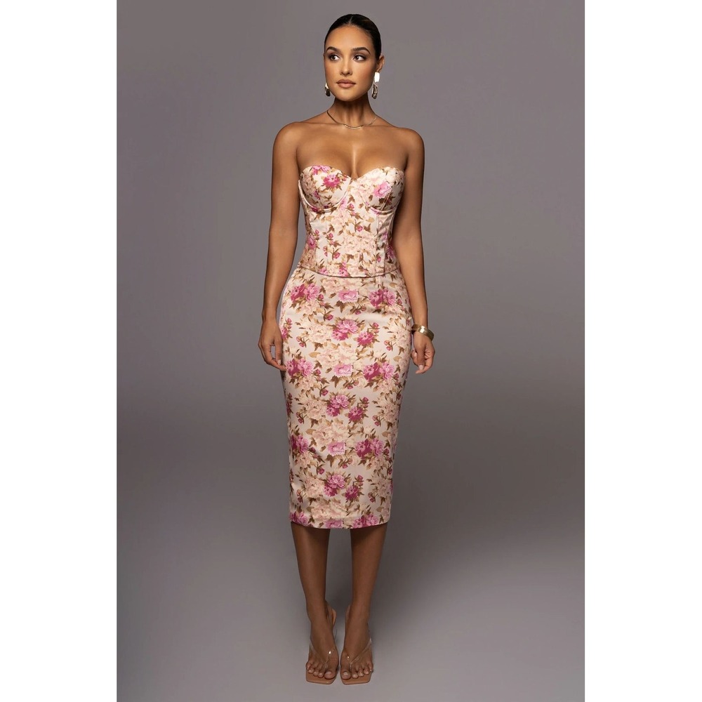 JLUXLABEL Floral Bustier Corset Top Tan Pink Large SJL60096HY
